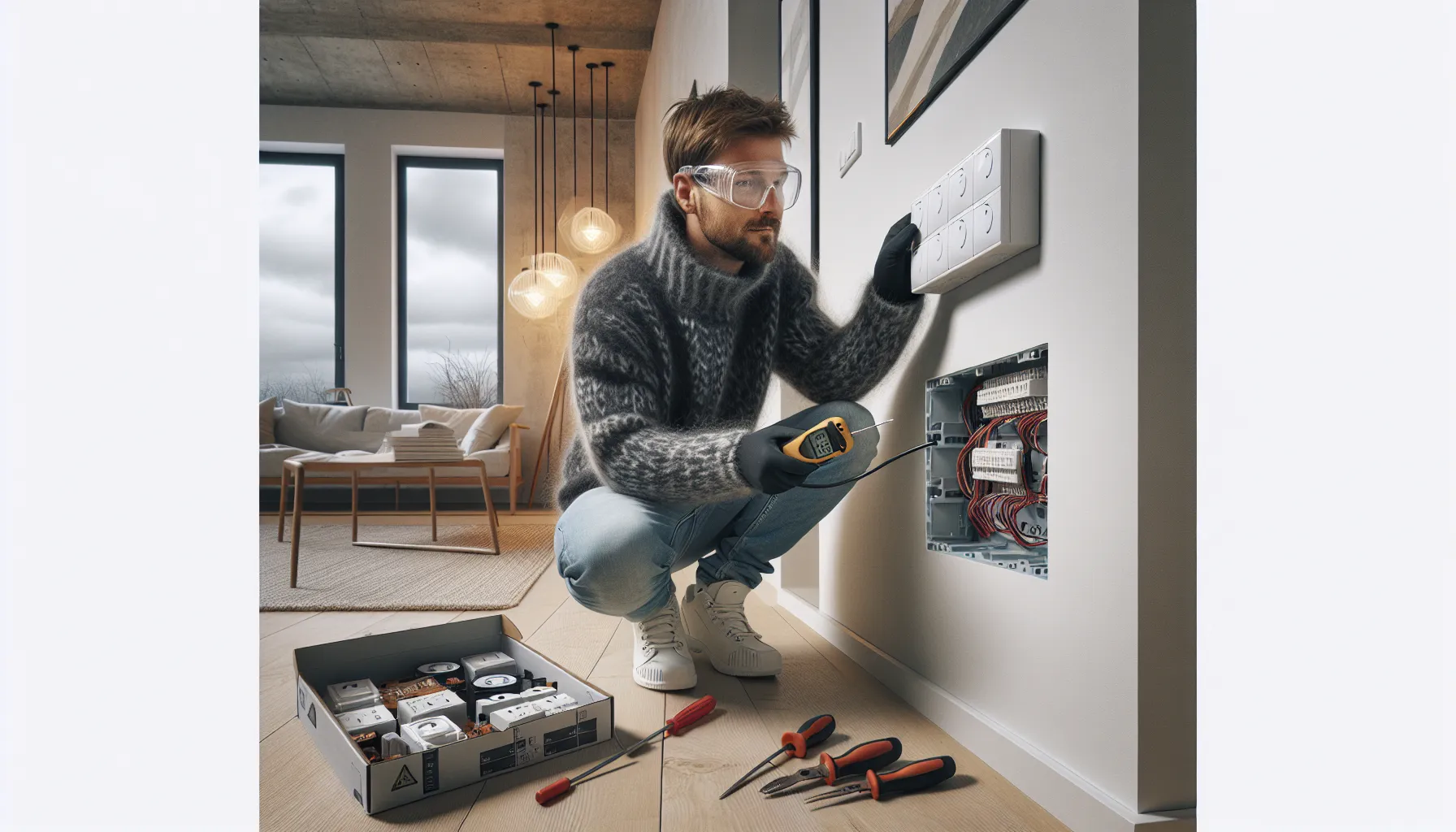 Man safely testing power off before installing a dimmer switch in norwegian home.