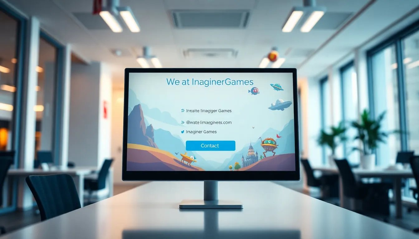 Contact details interface for Imagineer Games in a modern office setting.