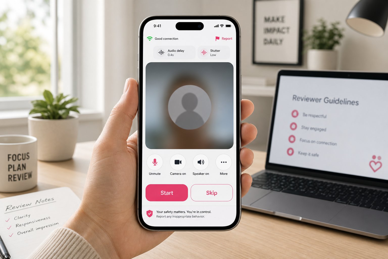Smartphone showing video chat controls, skip button, and call quality indicators.