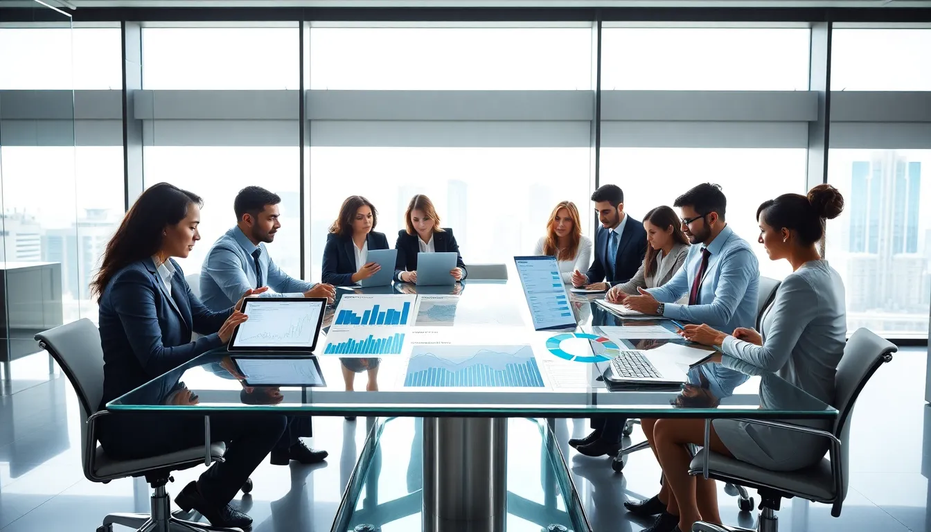 diverse professionals discussing data in a modern office setting.