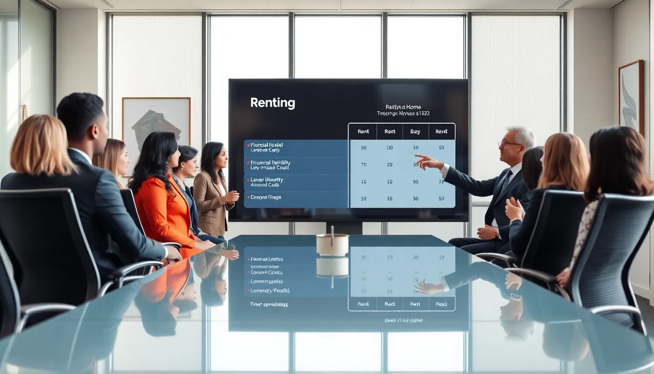 diverse team discussing renting vs. buying in a modern conference room.