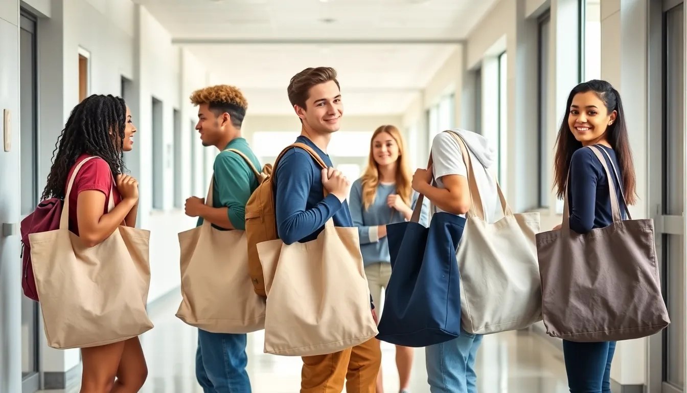 Teens with canvas tote bags in a modern school hallway.