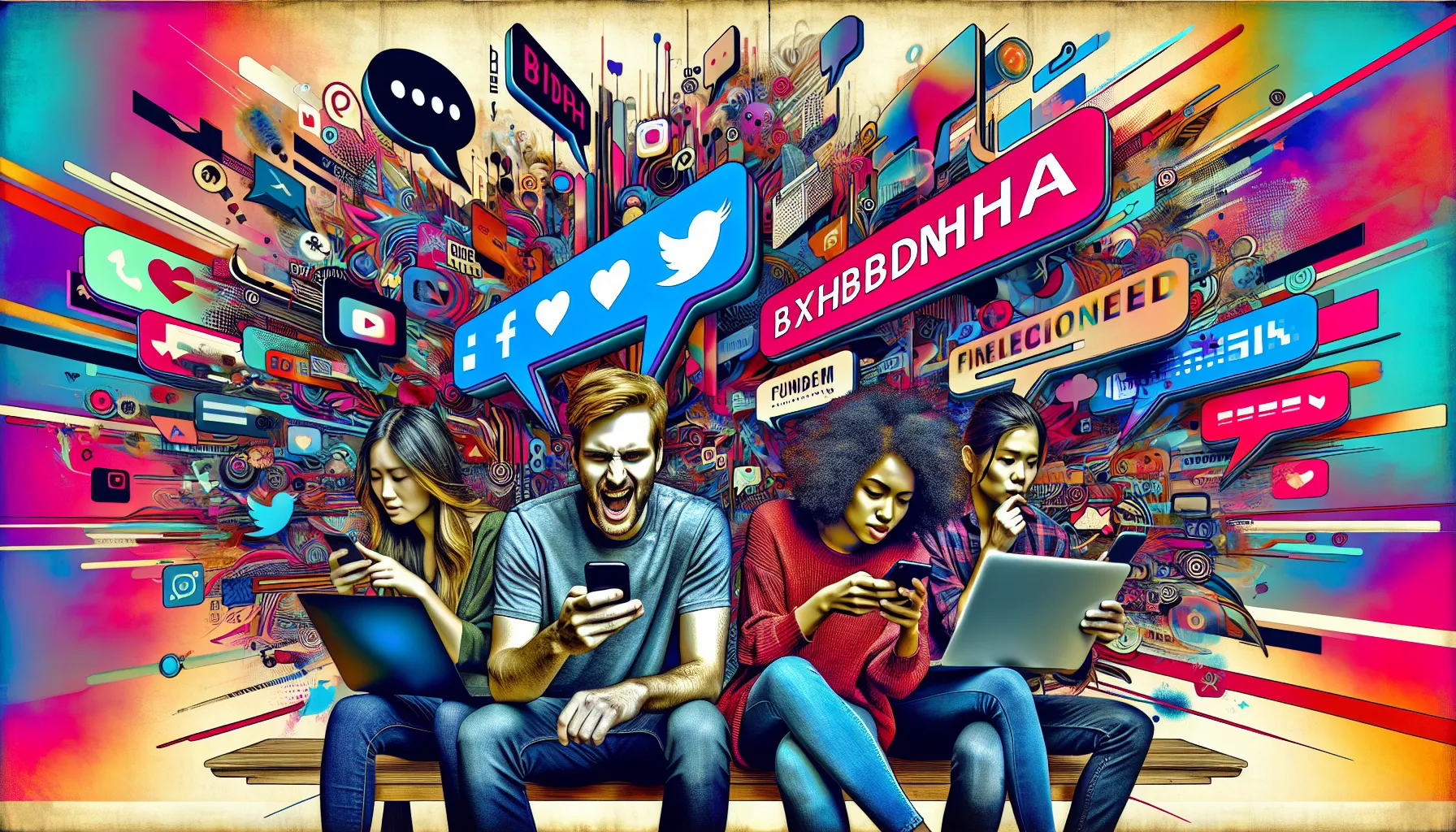 diverse group in a co-working space discussing social media language.