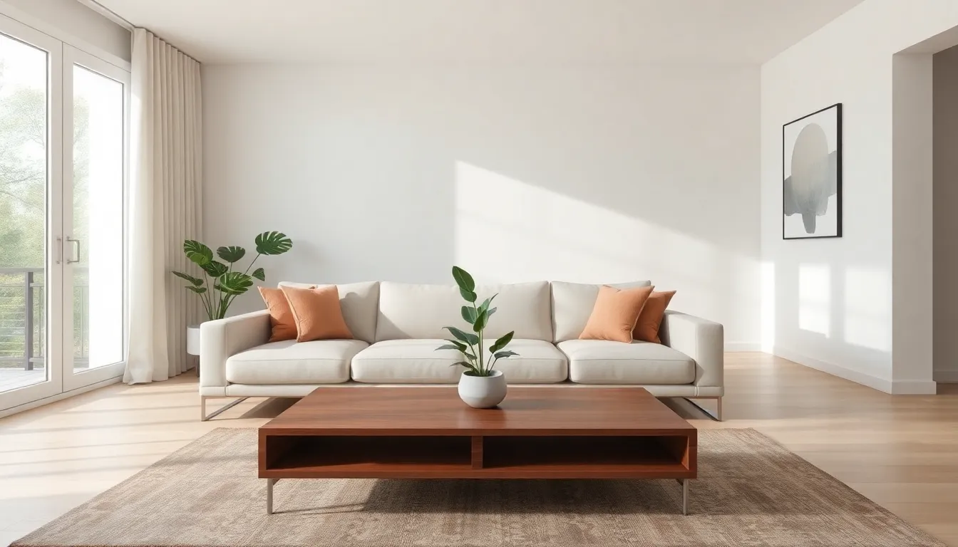 modern minimalist living room with soft colors and simple decor.