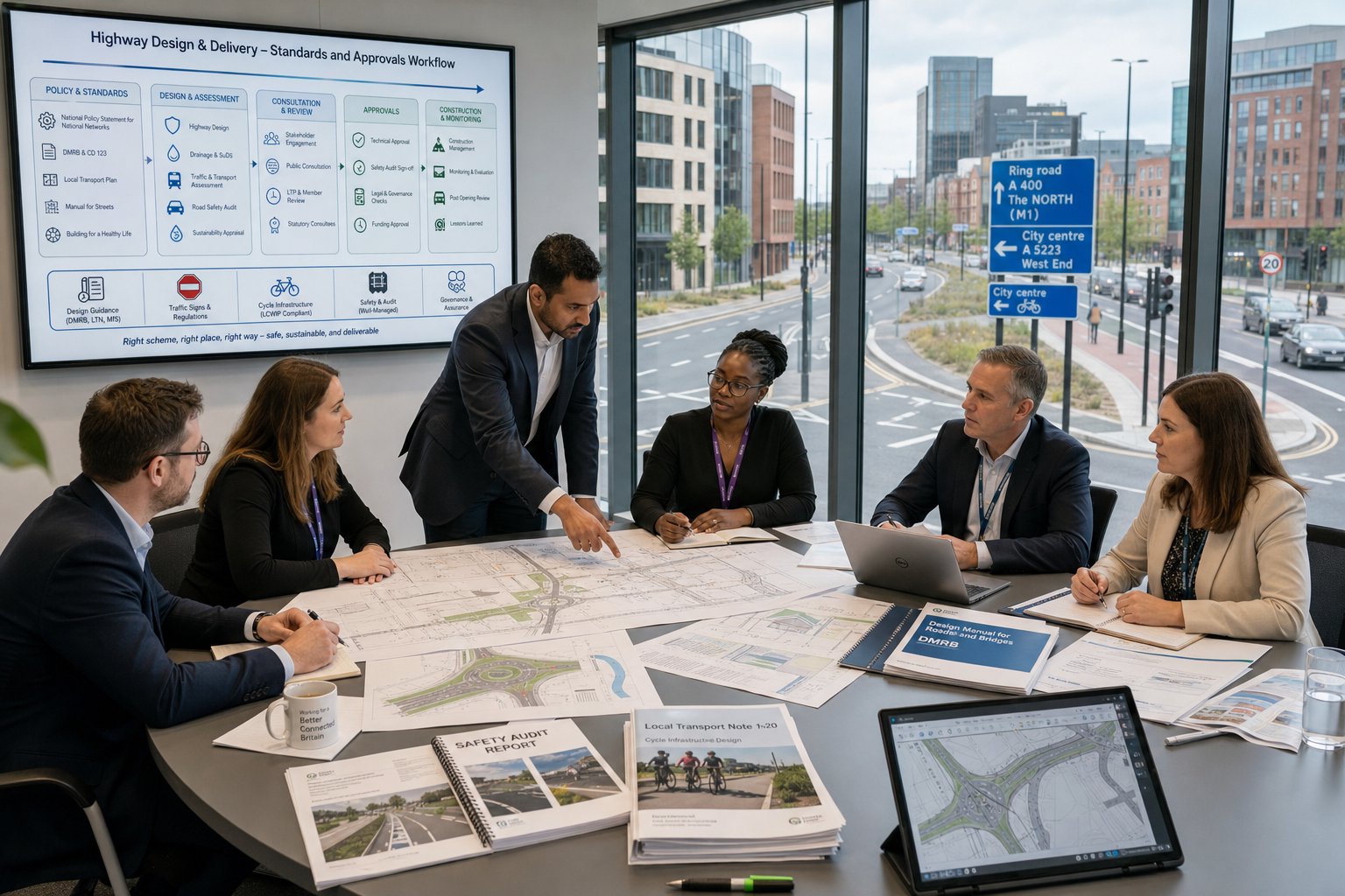 UK highway engineers reviewing road design standards and approvals in an office.