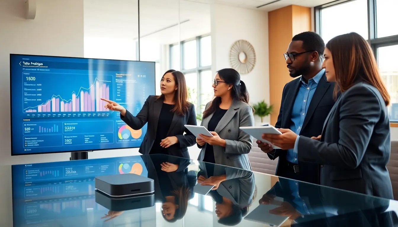 diverse professionals collaborating in a modern office with a digital screen.
