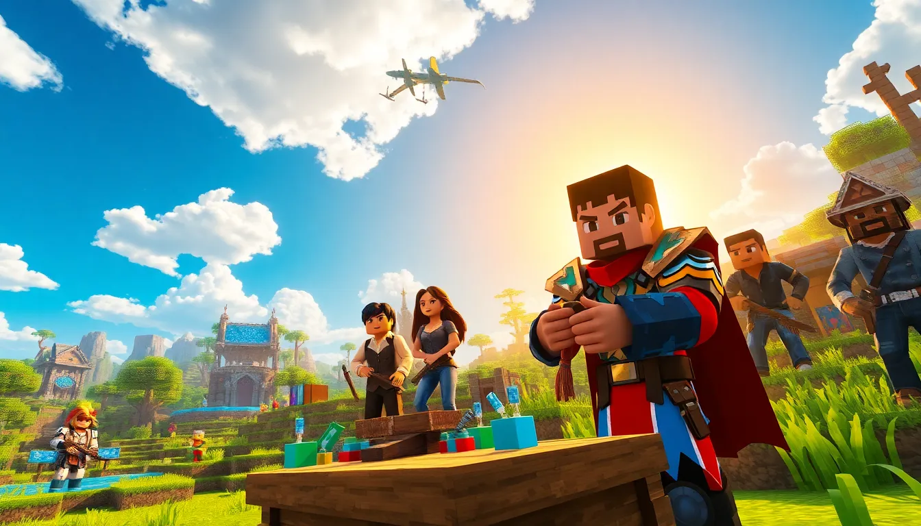 Players collaborating to craft and explore in a vibrant Minecraft landscape.