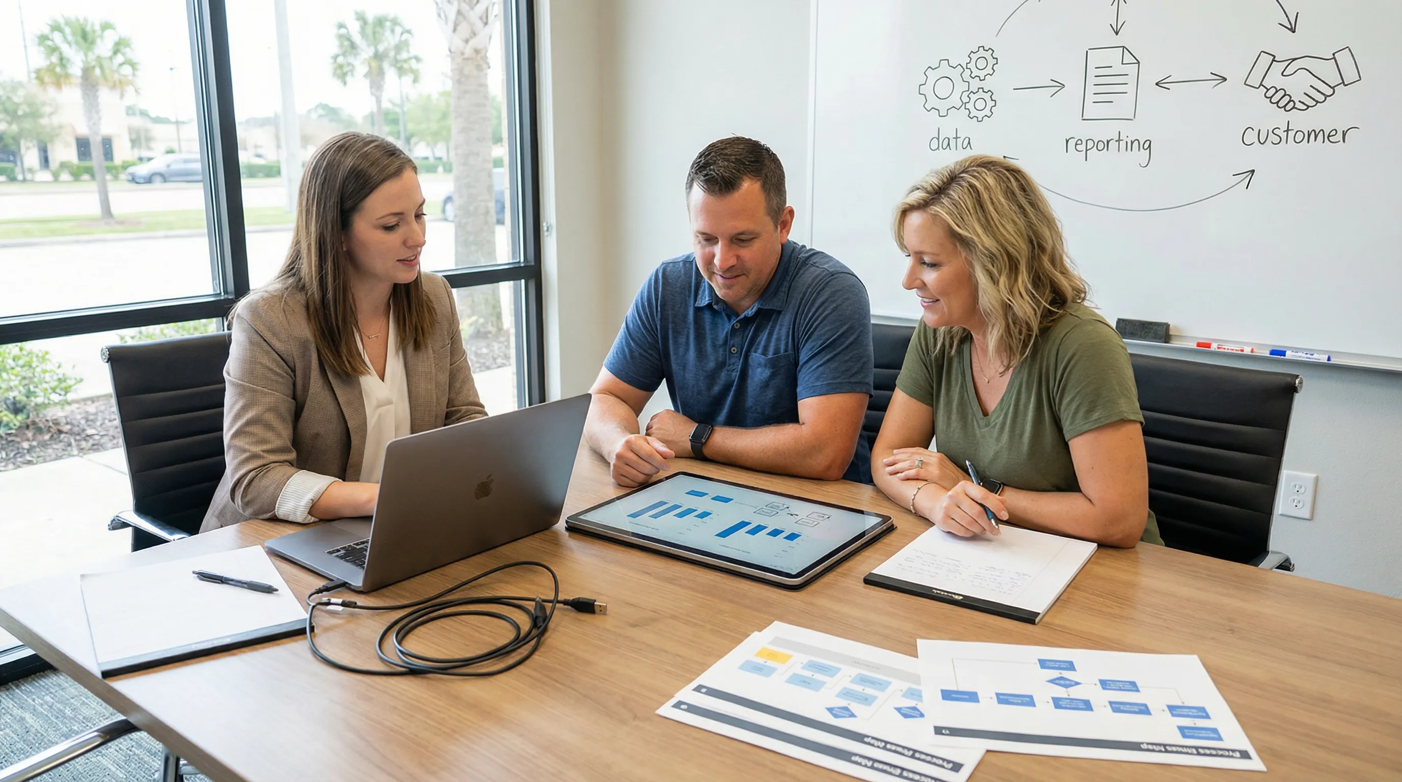 Consultant and local business owners in a bright, modern office reviewing visual workflow diagrams and dashboards on a laptop and tablet, surrounded by notes and a whiteboard with simple task icons, illustrating collaborative AI and workflow automation support.
