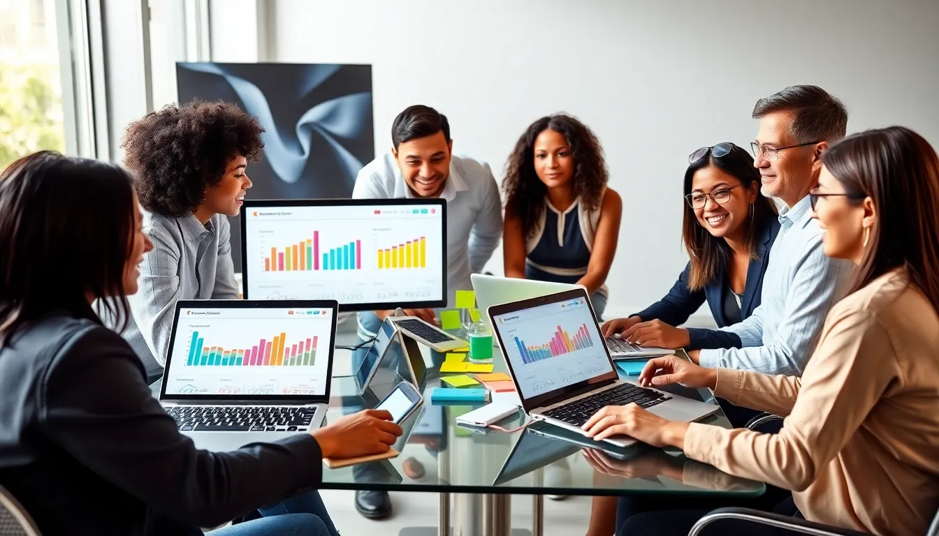 diverse professionals collaborating on WebBizMagnet.com software in a modern office.