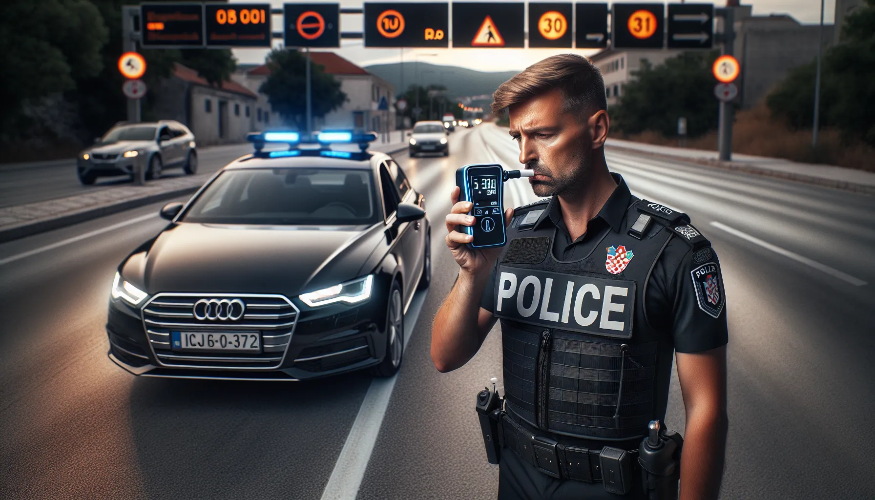 Croatian police officer conducting breathalyzer test on roadside with professional equipment
