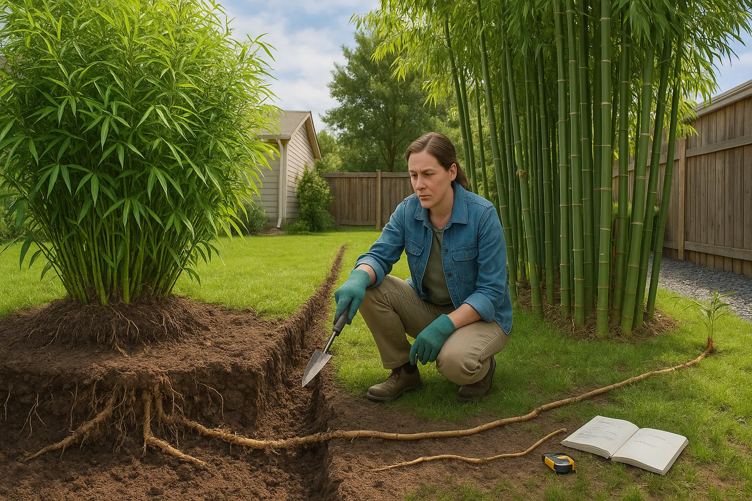 Side-by-side Fargesia clump and Phyllostachys runners with exposed rhizomes.
