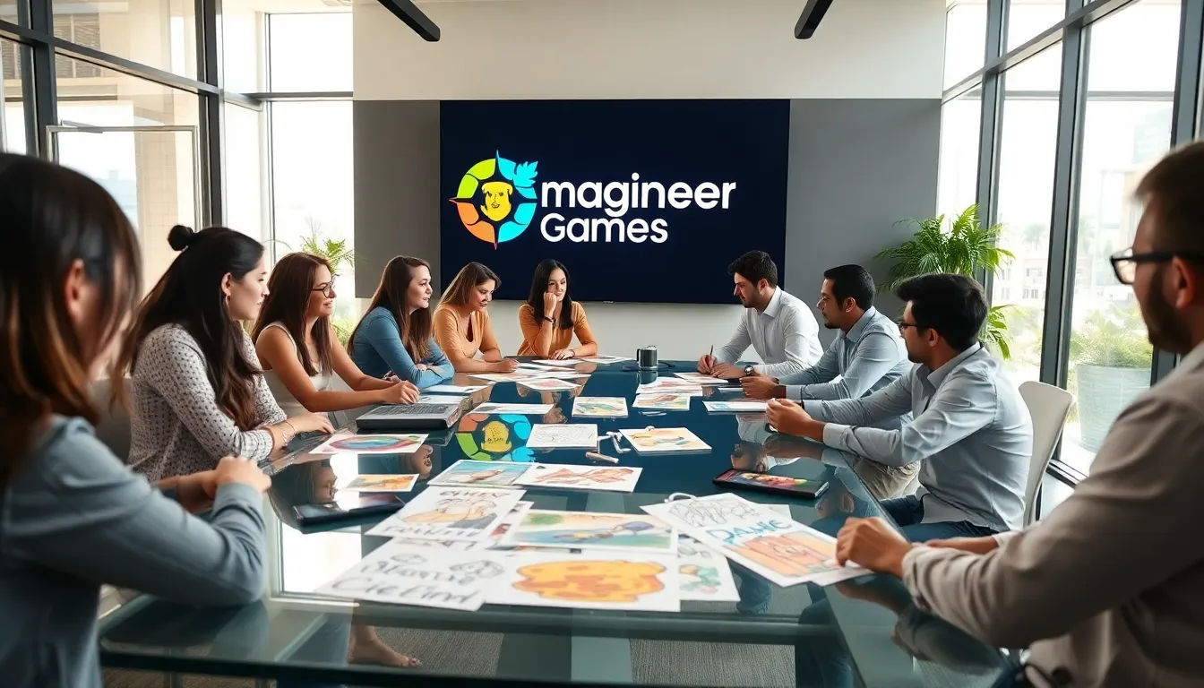 diverse team collaborating in a modern office for Imagineer Games.