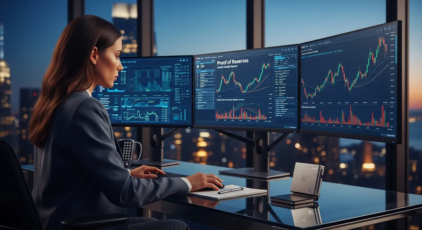 Professional analyst reviewing crypto reserves and trading charts in a modern US office.