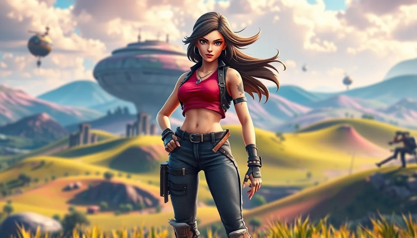 female character in Fortnite Renegade outfit in a vibrant landscape.