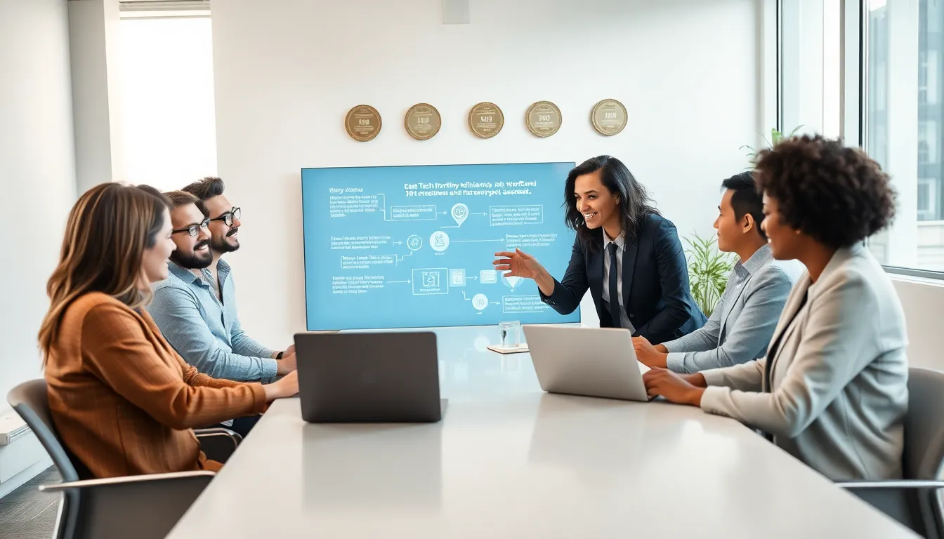 Stacy Klinger leading a diverse team in a modern office.