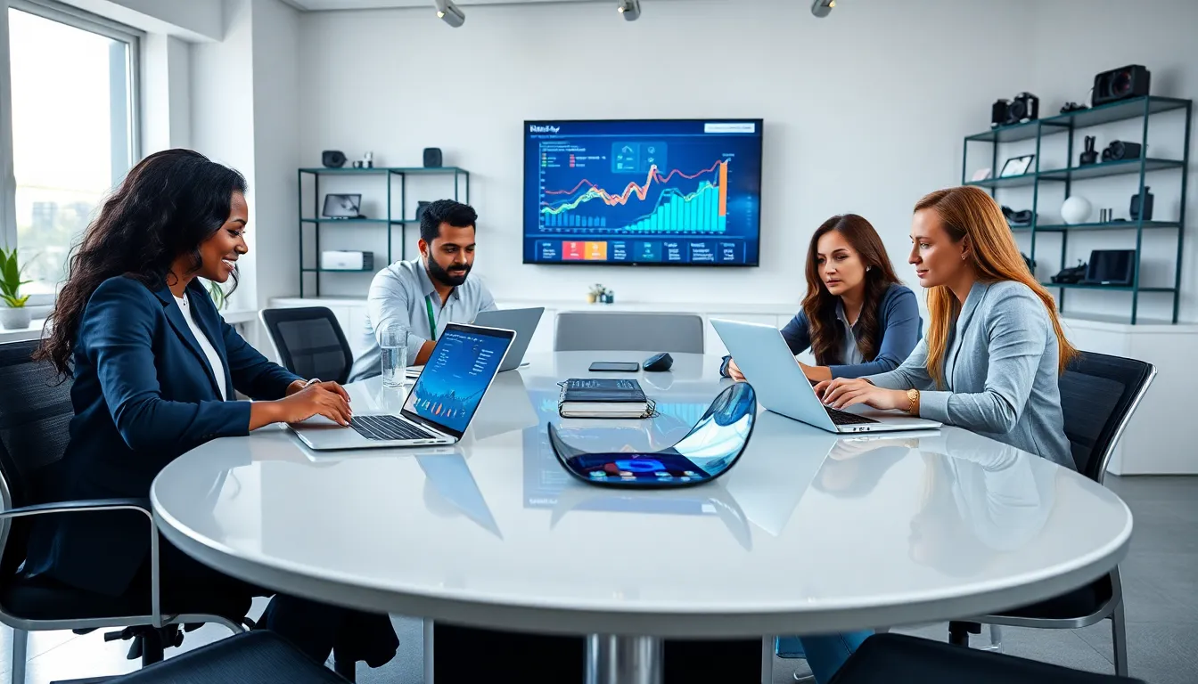 diverse professionals collaborating with modern hardware in an office.