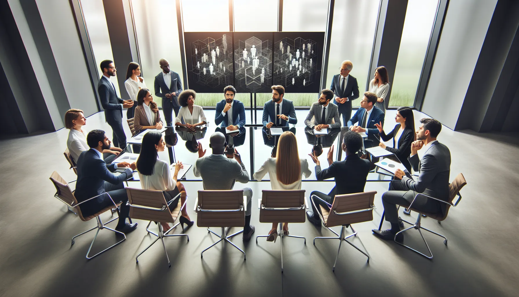 diverse team discussing the interconnected concept in a modern office.