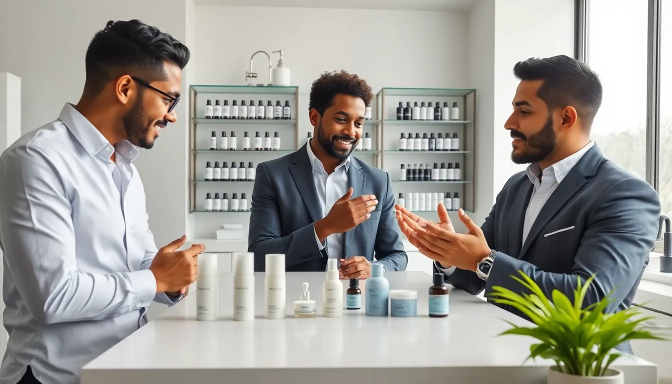 men discussing skincare products in a modern grooming space.