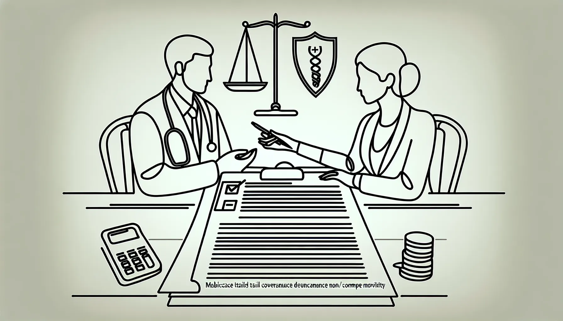 Veterinarian and attorney reviewing a contract with compensation and noncompete icons of Veterinary Associate Contract Attorney.