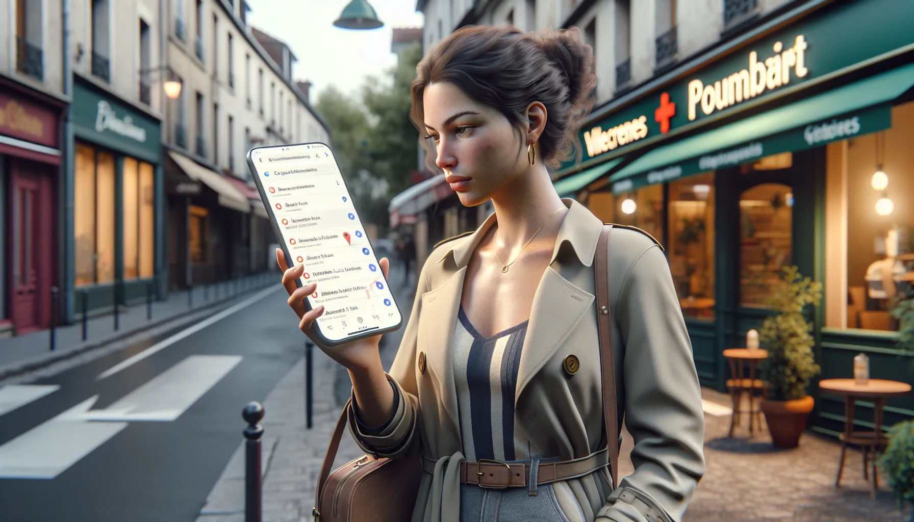 A woman in Villecresnes searching Google on her phone for nearby local services.