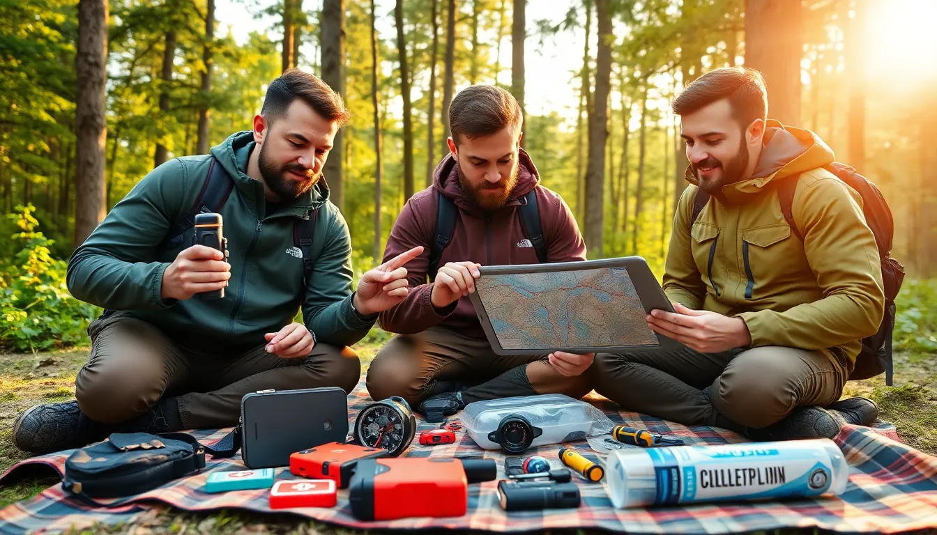 hikers using survival gadgets in a forest setting.