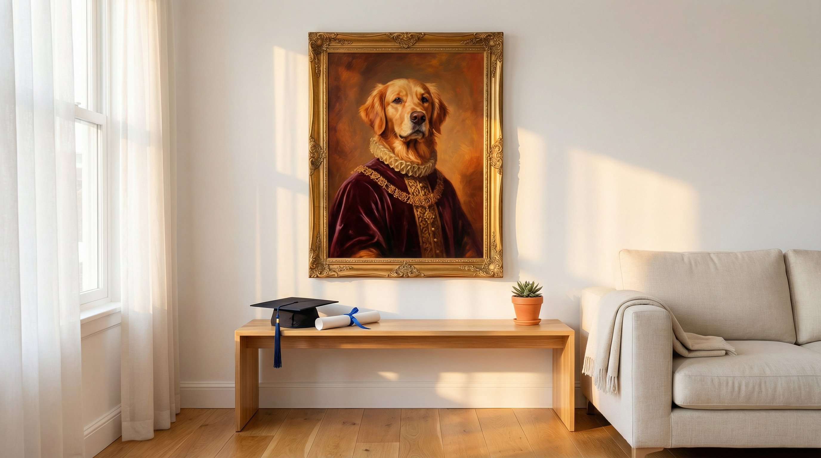 Framed AI oil painting portrait of a golden retriever in regal costume on an apartment wall near graduation items.