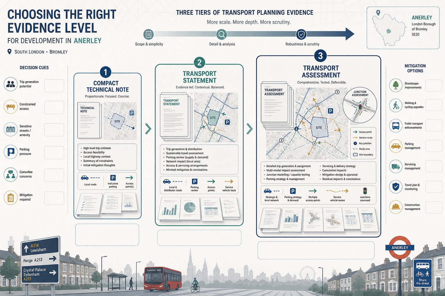 Comparison infographic of transport assessment, statement, and technical note levels.