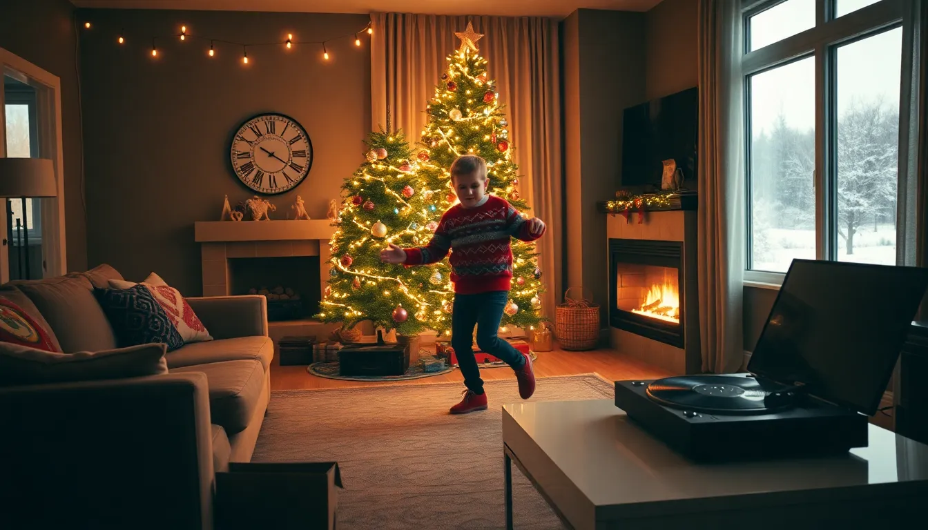 A boy dancing joyfully around a decorated Christmas tree.