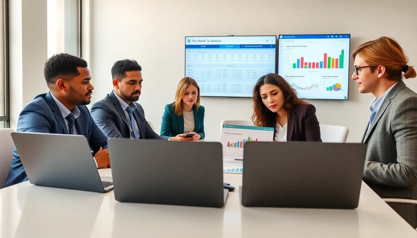 team of financial professionals in a modern office discussing tax planning.
