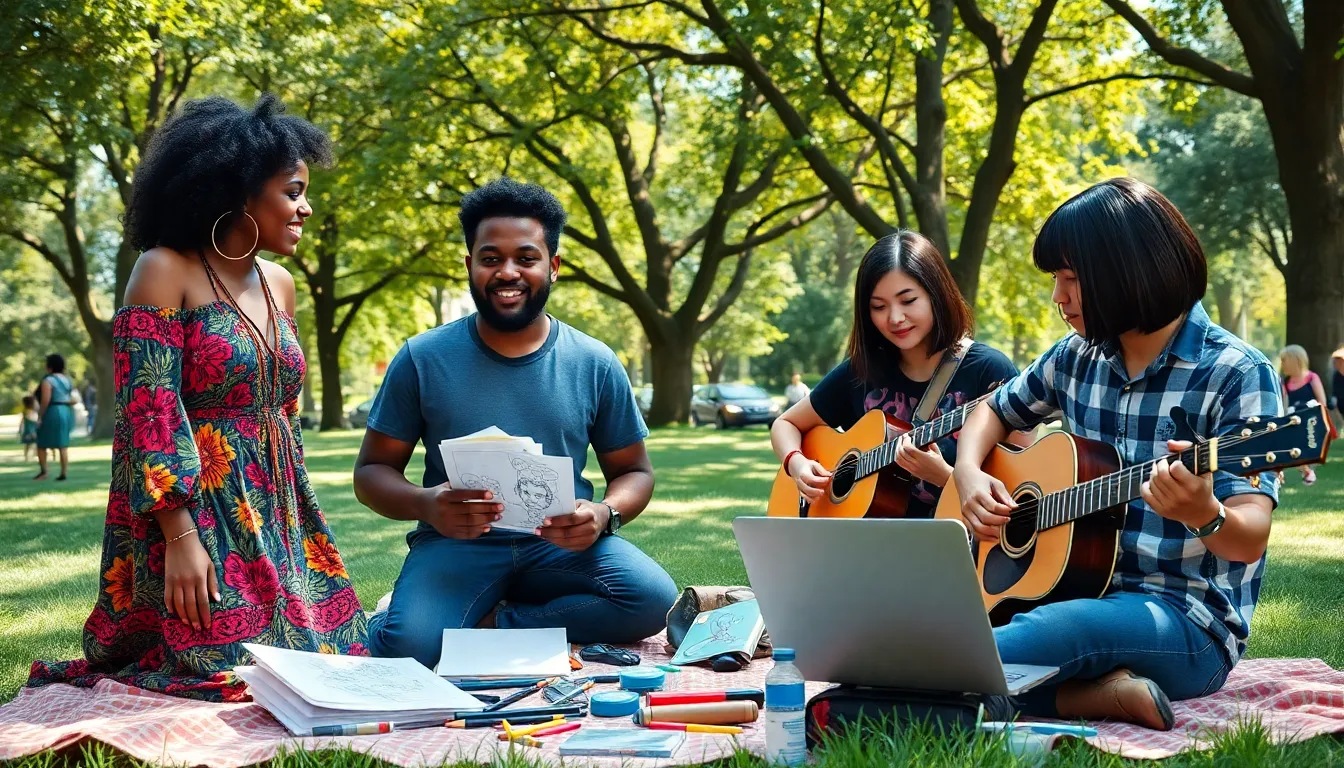 A diverse group of young adults engaging creatively in a park.