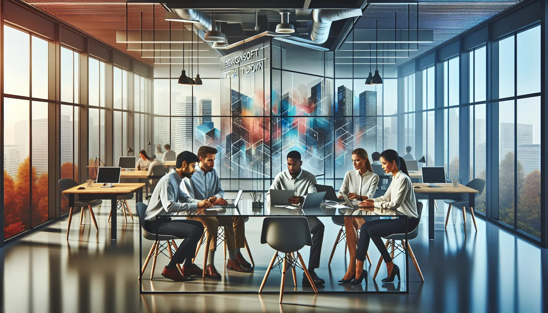 diverse professionals collaborating in a modern tech workspace.