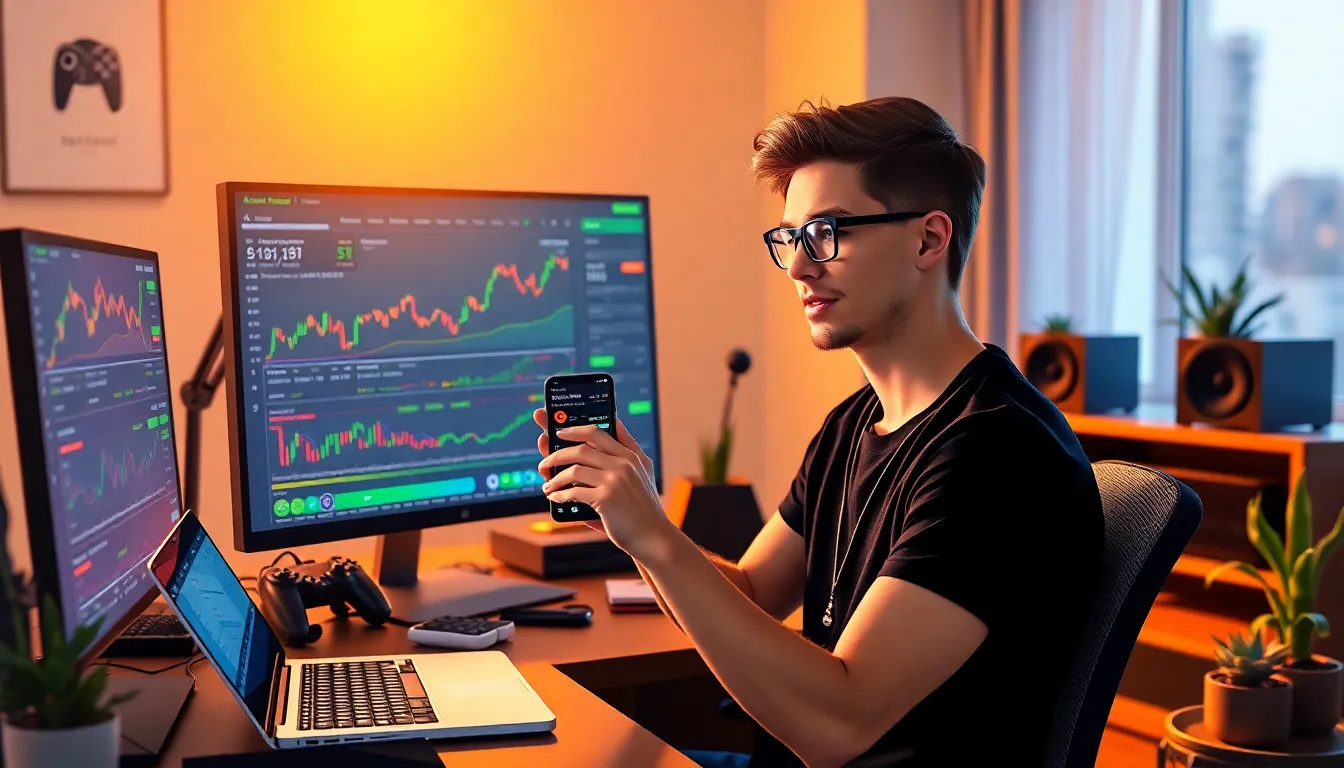 a young man analyzing a cryptocurrency exchange on his computer in a home office.