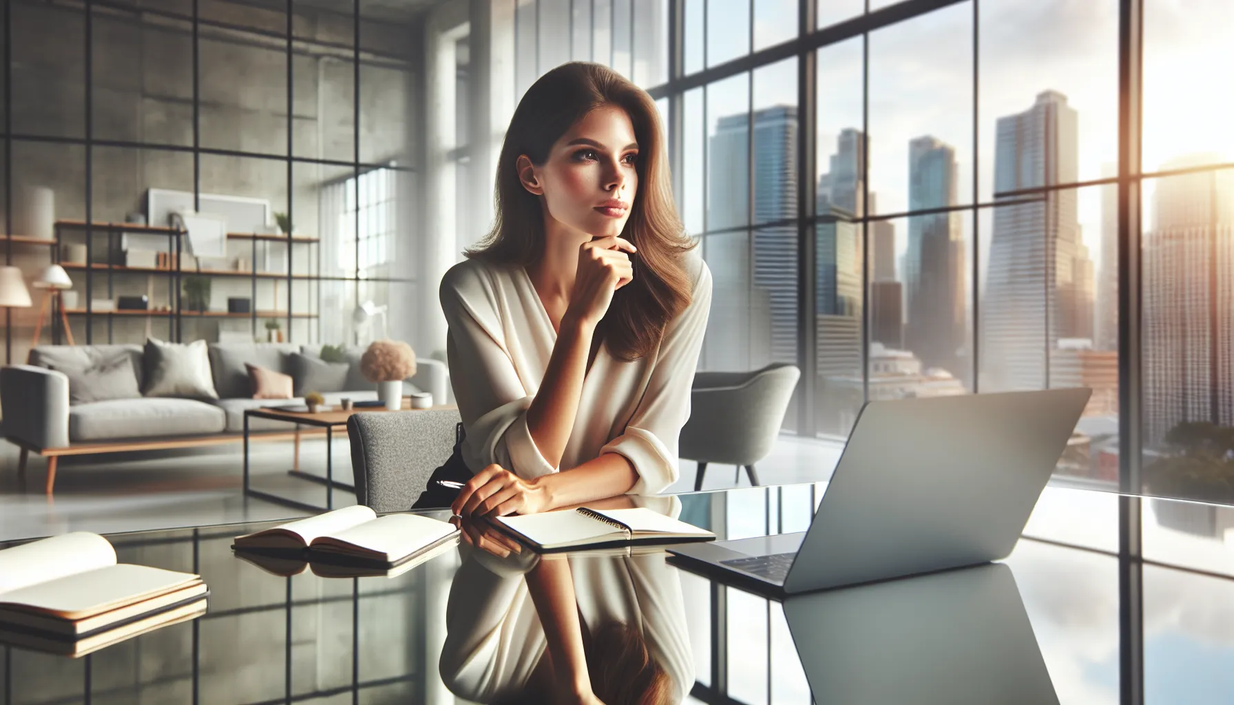 woman planning long-term goals in a modern office.