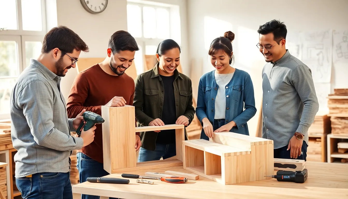 diverse team working on a small wood project in a modern workshop.