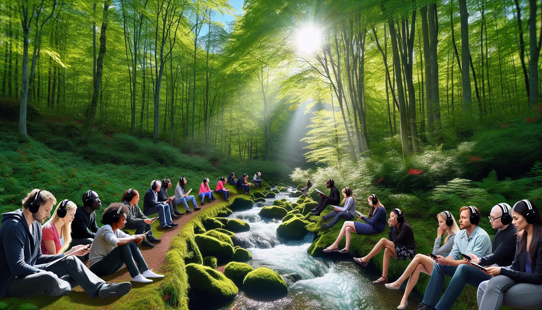 diverse individuals enjoying a sound tour in a tranquil natural setting.