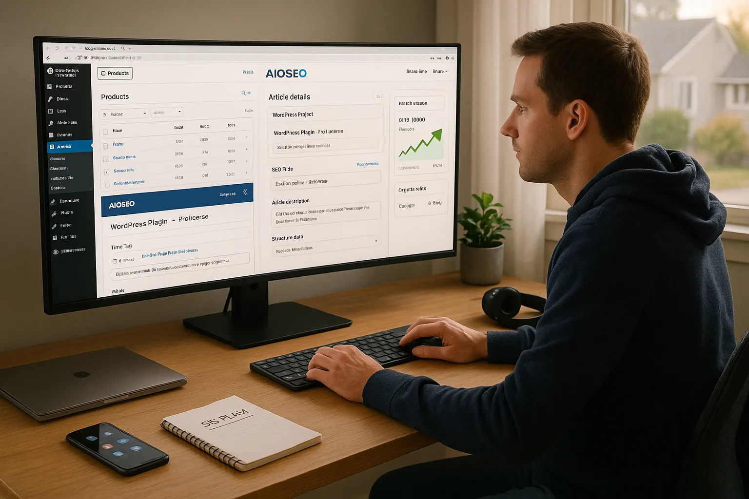 Marketer optimizes Easy Digital Downloads products with All In One SEO on a desktop.