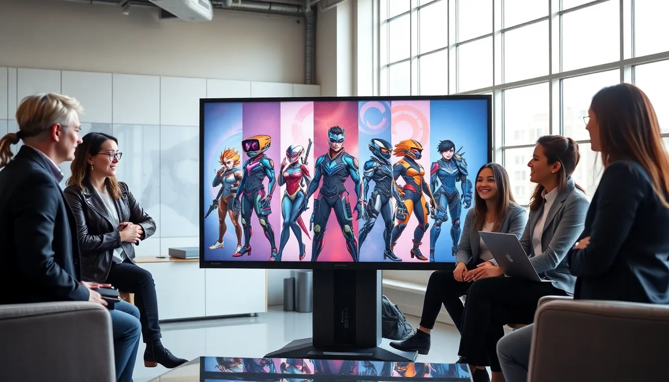 team discussing Overwatch Widowmaker skins in a modern office.