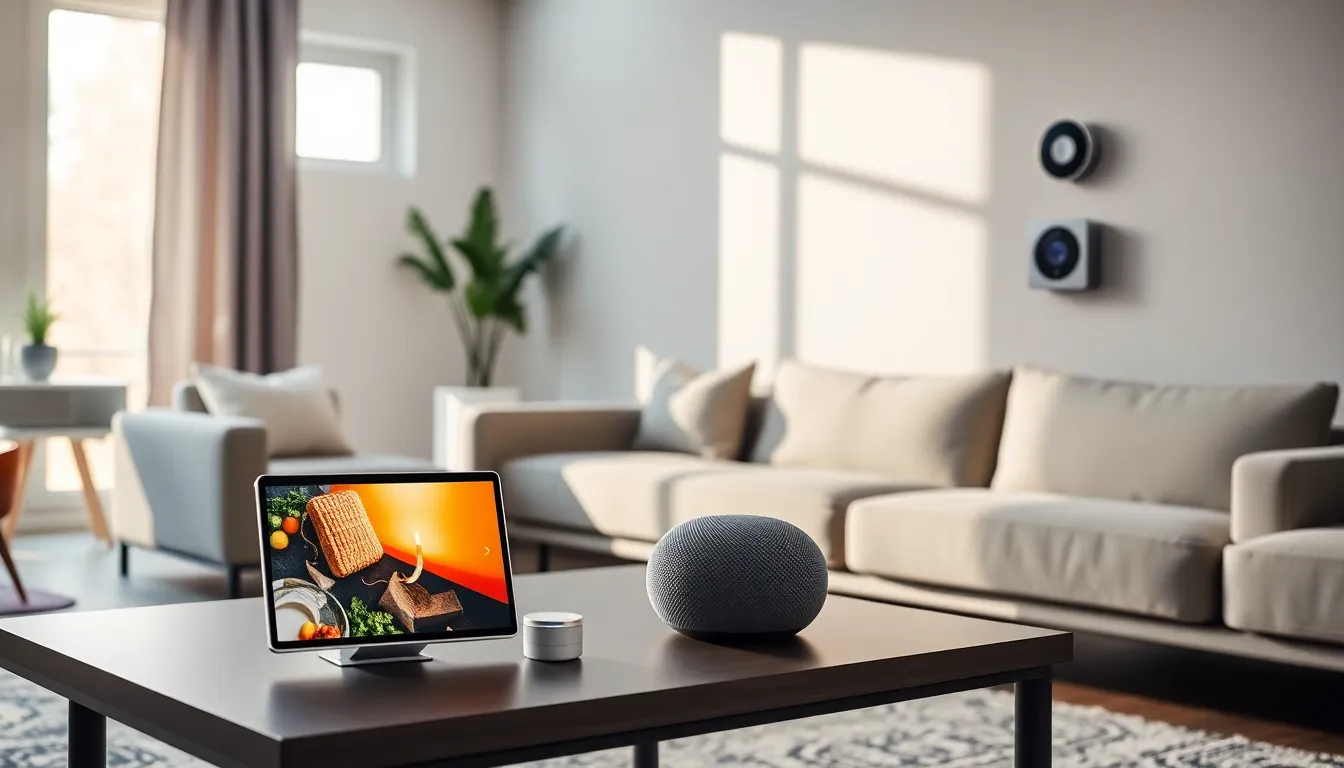 modern living room with Google Nest accessories displayed.