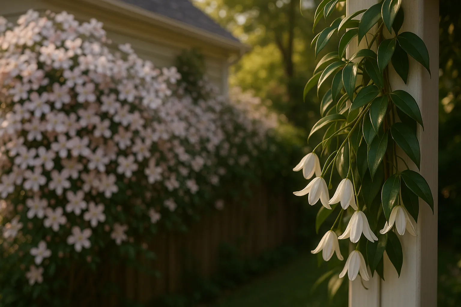 Clematis armandii close-up by porch and Clematis montana blanketing a fence