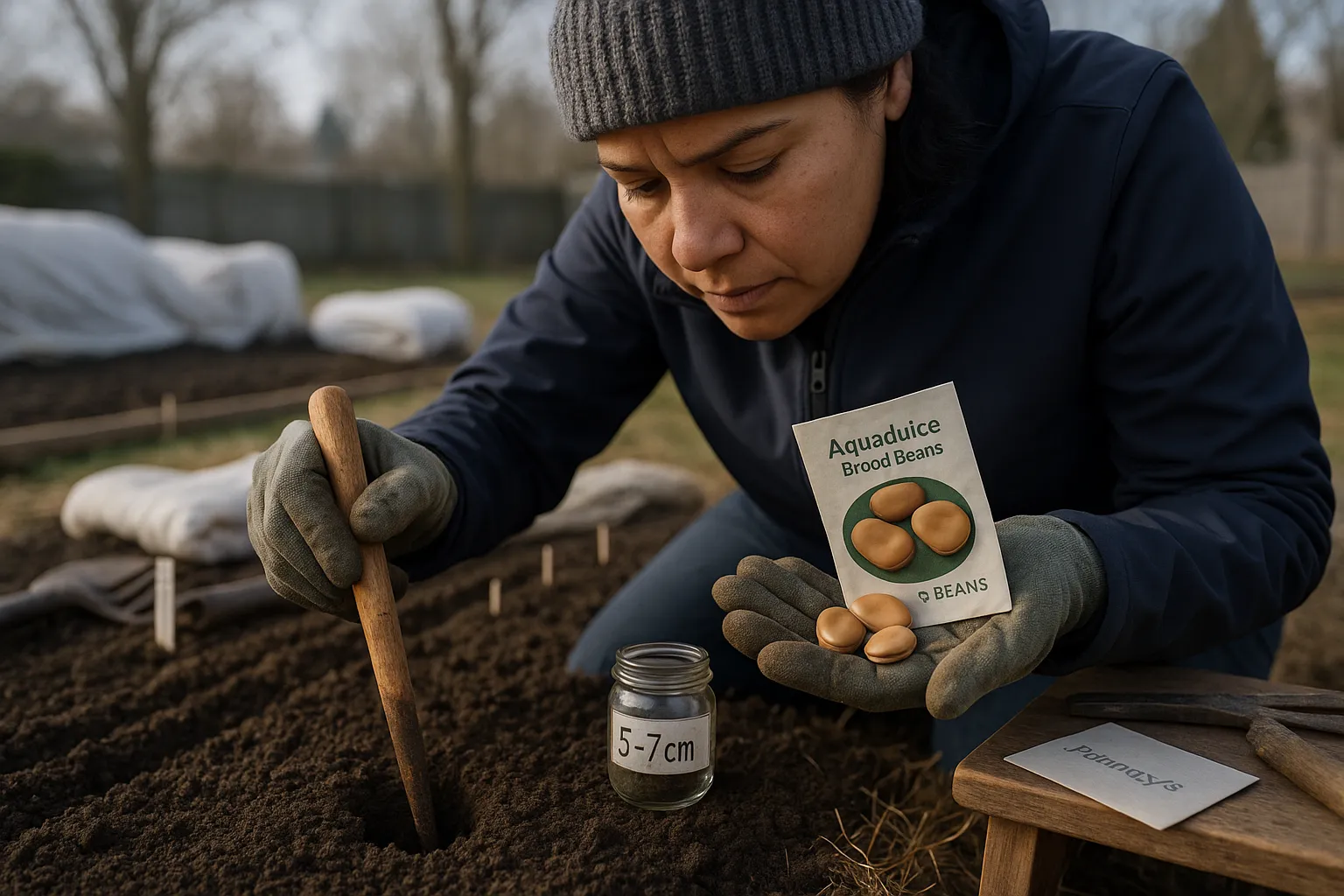 Gardener planting broad bean seeds in a prepared spring bed with fleece nearby.