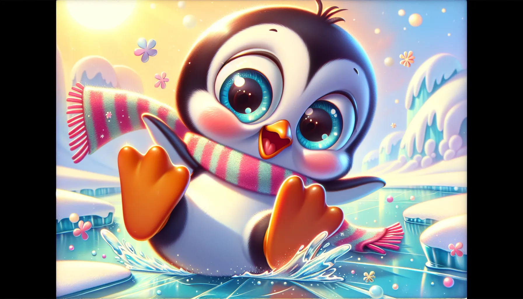 A cute penguin slipping on ice in a whimsical winter scene.