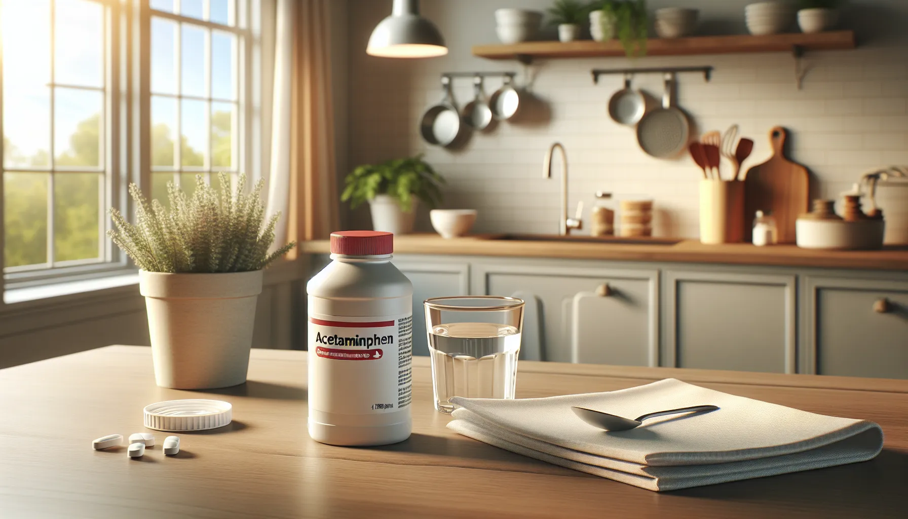 A bottle of Tylenol on a kitchen countertop with a glass of water.