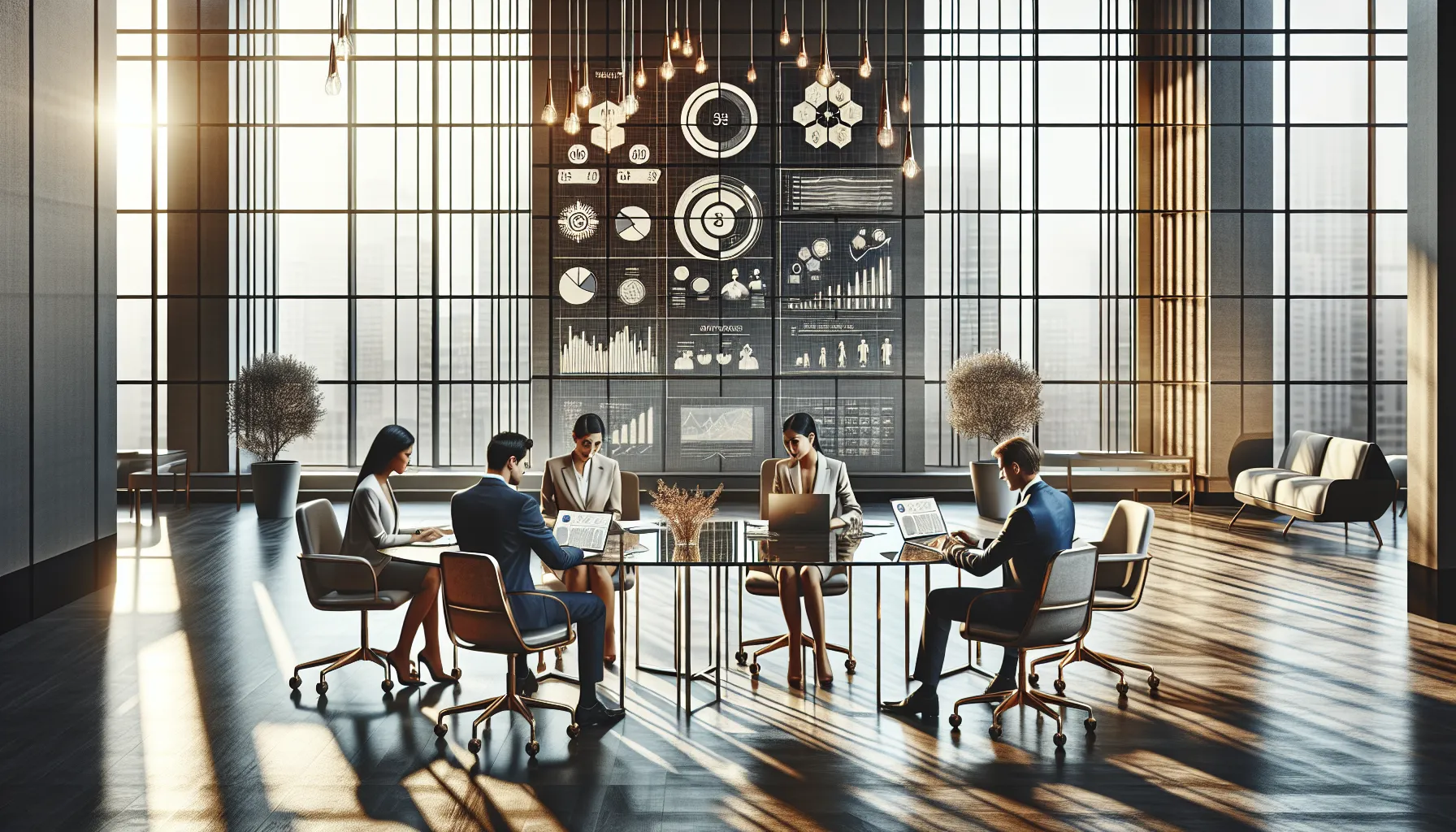 diverse professionals discussing implications of a number in a modern office