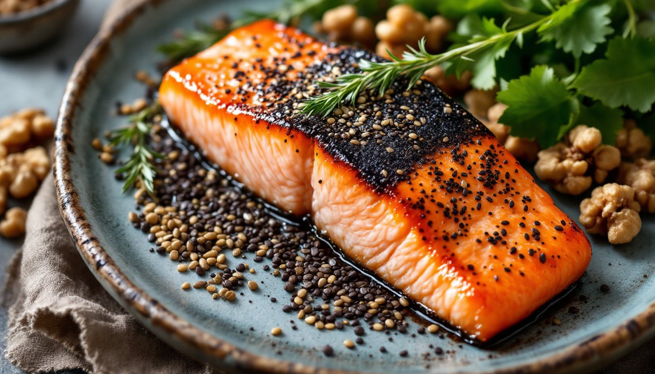 Seared salmon fillet with flaxseeds and walnuts on a sunlit table.