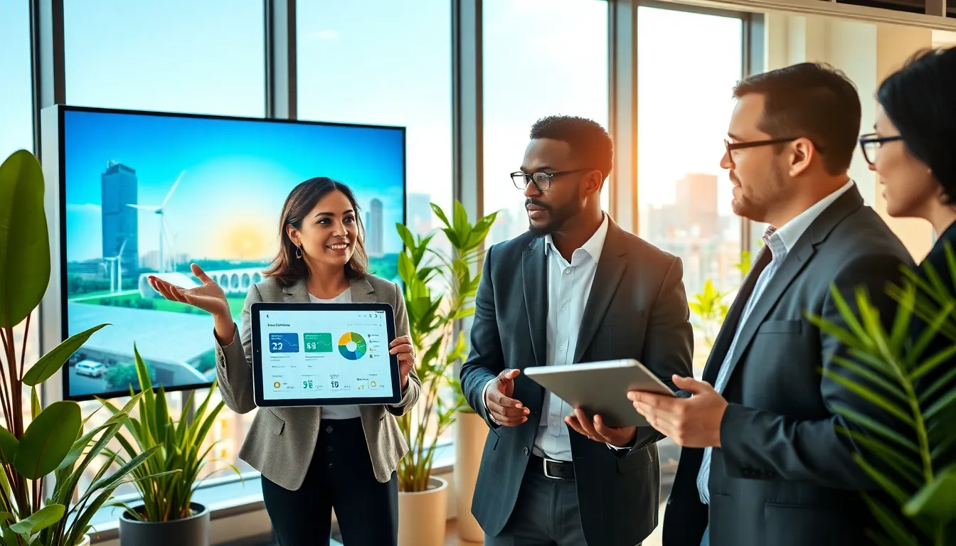 professionals collaborating on smart energy solutions in a modern office
