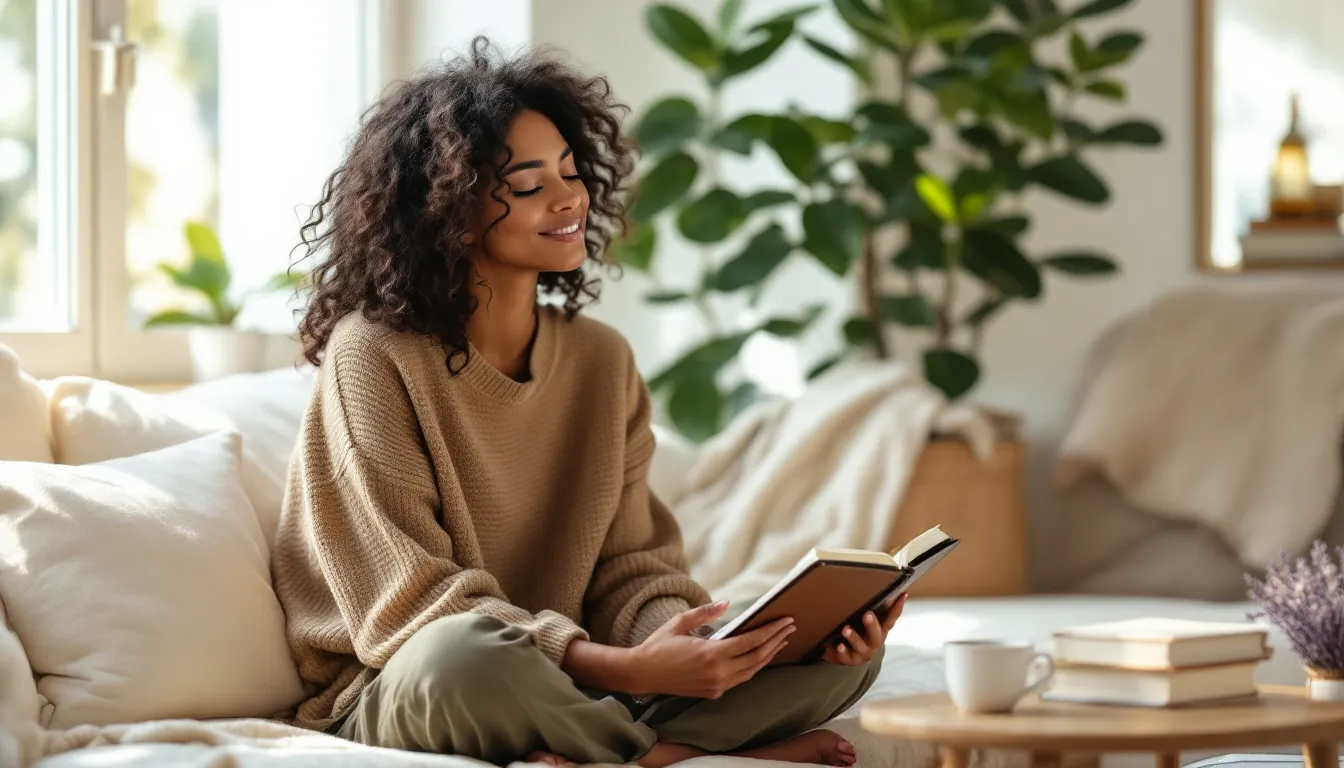 Woman sitting peacefully on a cushion journaling and reflecting at home.