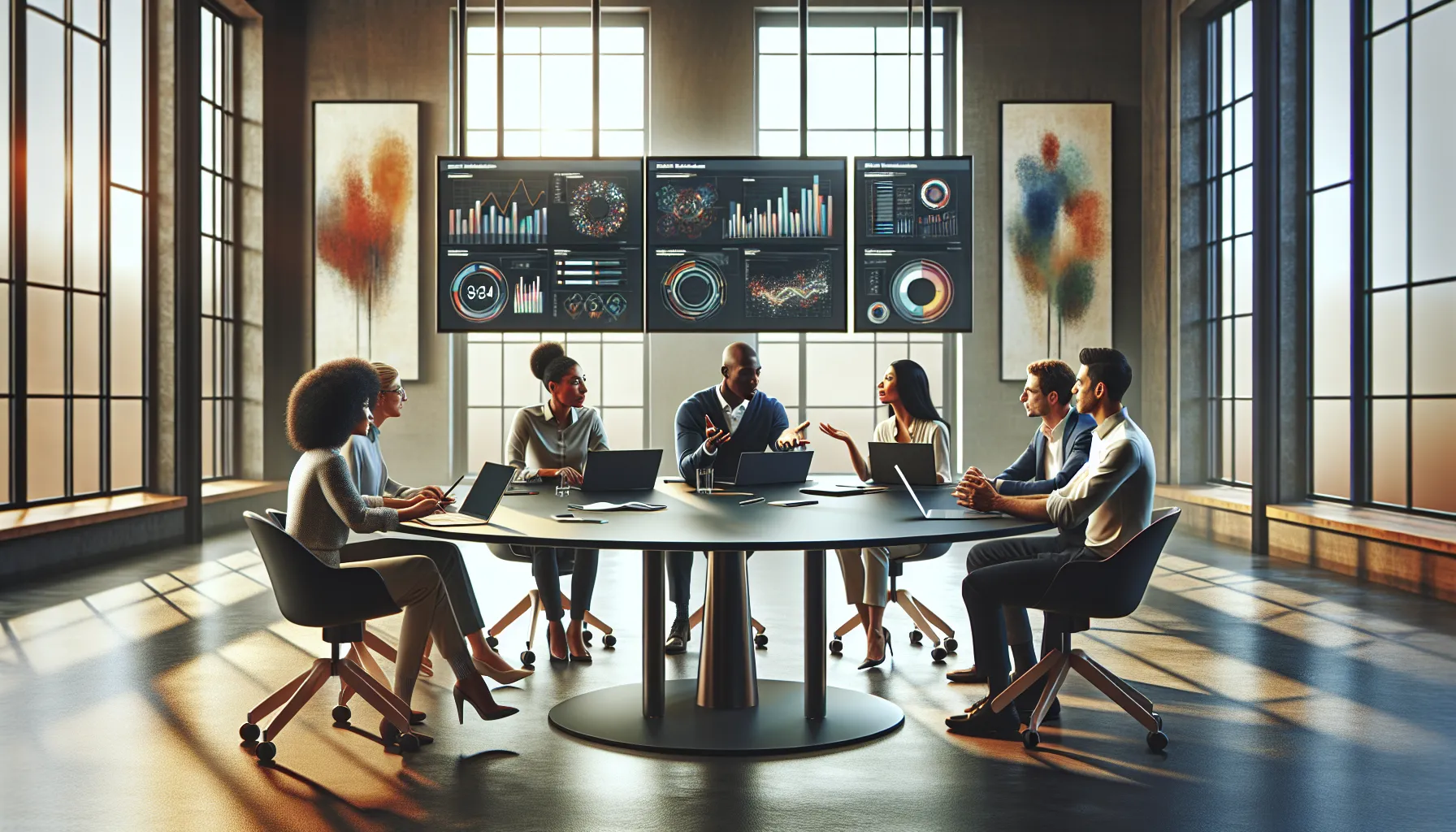 diverse individuals collaborating in a modern digital workspace.