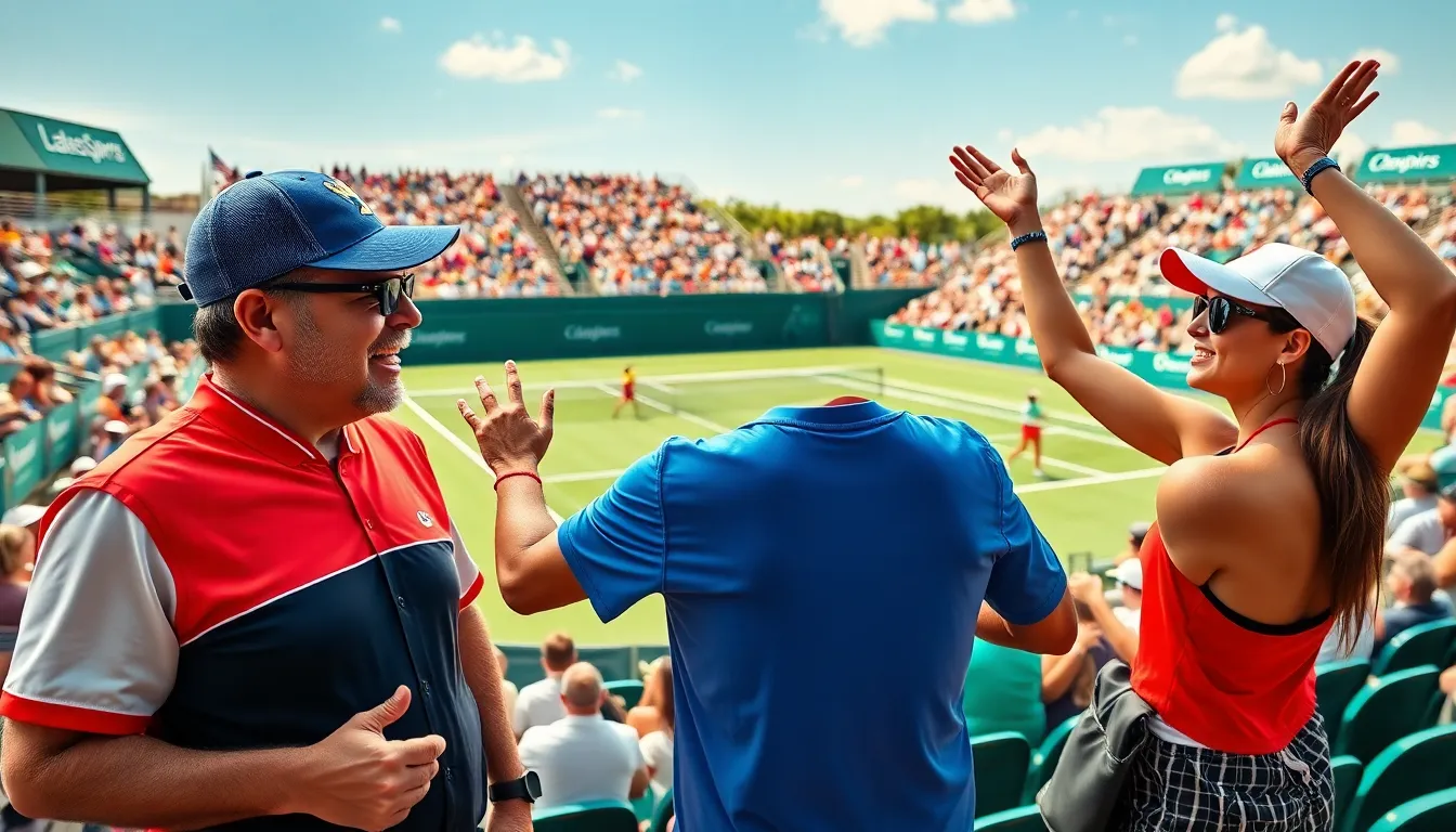 fans celebrating a tennis match in a vibrant stadium atmosphere.