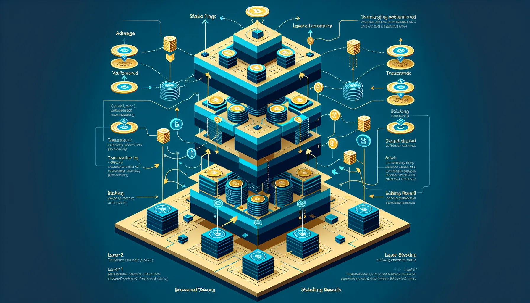 Flowchart showing layer-2 staking architecture with transaction processing, rewards, and key benefits.