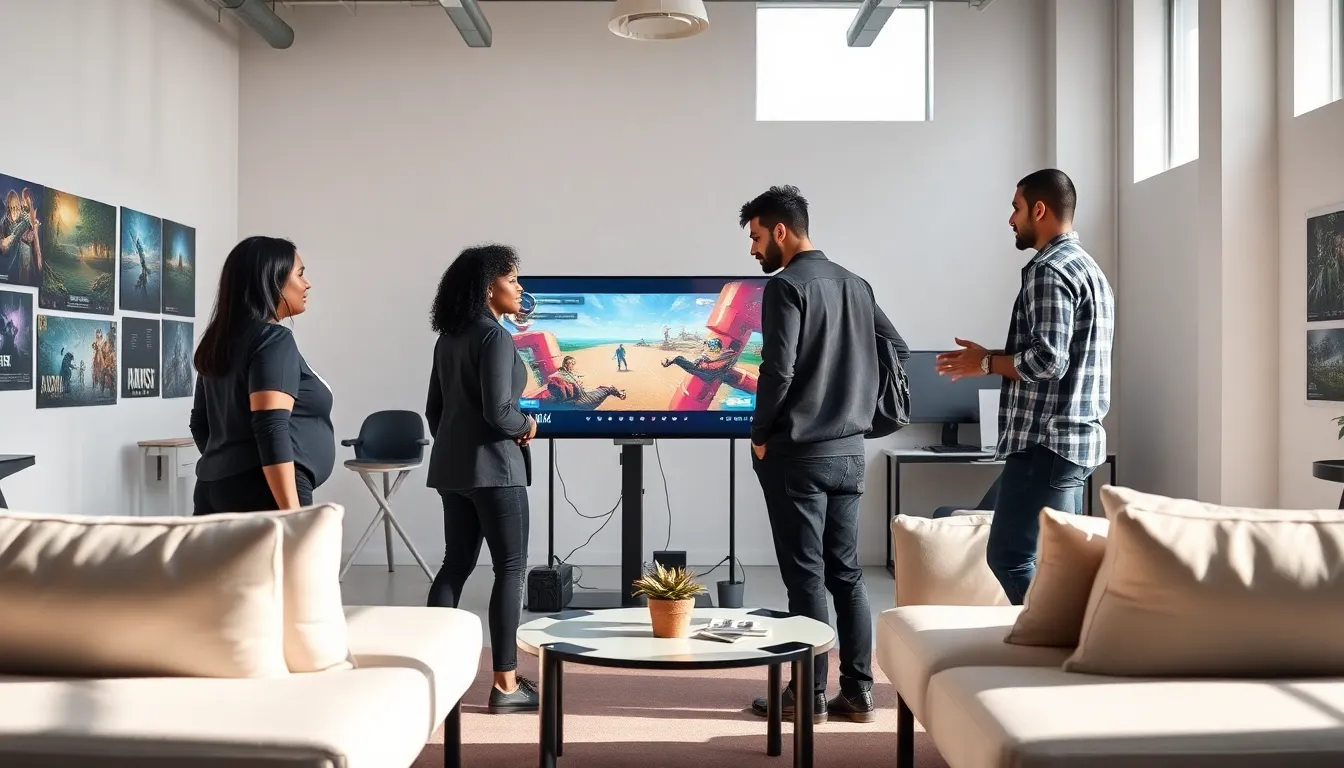 diverse team collaborating in a modern game design studio.